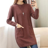 Sping Winter Women Black Sweaters Casual Solid O-Neck Long Sleeve Knit Sweaters Loose Pockets Mid Length Pullover Female
