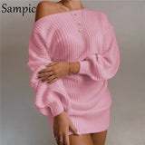 Women Winter Party Club Long Sleeve Sweater Knitted White Mini Dress Sexy Women Casual Off Shoulder Loose Short