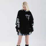 Frayed Letter Print Tassel Hole Sweater Men and Women Streetwear Oversize Pullover Sweaters Hip Hop Black Casual
