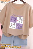 Plus Size T Shirt 100% Cotton L-5XL Tshirt Short Sleeve Women Top 2023 Summer Cartoon T Shirt V Neck Oversized T Shirts-Outfit