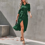 Autumn Elegant Fashion Solid Single Breasted Belt Midi Shirt Dress Women Temperament Slim A-line Vestidos Casual Dresses-Outfit
