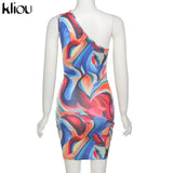 Kliou One Shoulder Paisley Sexy Mini Dress 2021 Women Summer New Fashion Sleeveless Backless Sheath Hollow Out Female