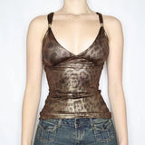 Babes Glossy Leopard Color Repair V-Neck Sexy Cross-Dress Sling Sling Tape Small Vest