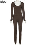 Kliou Solid Concise Two Piece Set Women Skinny Bodycon-shaping Crew Neck Bodysuit+High Waist Slim Sporty Leggings