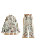2023 Women Summer 2 pieces sets Fashion Print Blouses Shirts Tops and Trousers Female Satin Casual Elegant Suits Clothin-Outfit