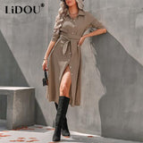 Autumn Elegant Fashion Solid Single Breasted Belt Midi Shirt Dress Women Temperament Slim A-line Vestidos Casual Dresses-Outfit