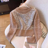 for Women 2023 Autumn Winter New Fashion Sequin Long Sleeve O Neck Short Pullover Chic Casual Knitted Vintage Jumpers-Outfit