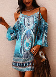 Blue Casual Off-the-shoulder Full Sleeves Floral Print Straps Midi Loose Holiday Smock