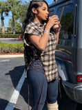 Sexy Plaid Bandage Hollow Out Button Sleevess