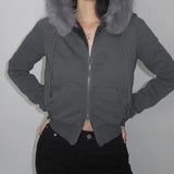 Spliced Zipper Hooded Jacket Woman 2025 Autumn And Winter Retro Letter Embroidery Short