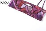 Kliou Mesh Printing Two Piece Set Women Sexy Cut Out Cleavage Camisole+Mid Waist Color Blocking Pants High Streetwear Lady