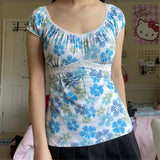 y2k E Girl T-Shirts Cute Women Sweet Lace Floral Print Short Sleeve Top Kawaii Fairycore Clothes Streetwear