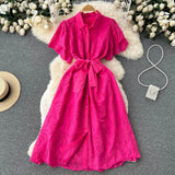 Gentle Wind Turn Collar Bubble Sleeve Medium-Long Shirt Skirt Lace Thin Hollow-Out Design French Dress-Outfit