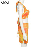 Kliou Tie Dry Two Piece Set Women 2021 Sexy Halter Sequined Beachwear Cleavage Crop Top+Mini Skirt Suit Female платье