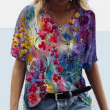 3D Floral Print T-shirts Women Fashion Short Sleeve Loose Tops Casual V-neck High Street Tee Plus Size Top