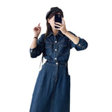 Woherb Shirt Denim Dress Female Summer 2024 New Retro Waist Show Thin Medium Long Denim Skirt-Outfit