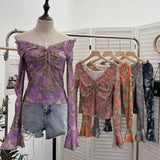 Print V-Neck Horn Sleeve Top Wooden Ear Lace With Short-Sleeved Long-Sleeved T-Shirt