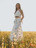 Floral Embroidered Women's Skirt Set Slim Fit Back Bow Suspender Top High Waist Skirt Suit 2023 Summer Lady Chic Outfits-Outfit