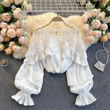 Mesh Splice Blouse Women Elegant Solid Puff Sleeve Lace Ruffles Blouses Autumn Casual Loose Streetwear