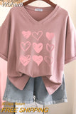 100% Cotton L-6XL T Shirt Plus Size Tshirt Short Sleeve Women Top Summer Heart Print Sweet V Neck Oversized T Shirts-Outfit
