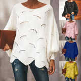 Loose Sweater Cloak Casual Oversized Soft Lantern Sleeve Hollow Out Pullovers Knit O Neck Wave Hem Solid Female