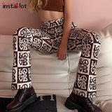 Split Side Flare Pant Women Letter Women Autumn Slim Streetwear High Waist Trousers 2020 Fashion Female