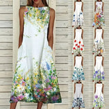 Elegant Dress Summer Floral Print Sleeveless Long Dresses Fashion Round Neck A-Line Pocket Female Dress Plus Size