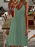 Woherb Women's Summer New Hollow Jacquard V-Collar Sling Solid Color Dress-Outfit