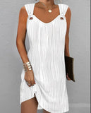 Woherb Spring And Summer Temperament Commuting Simple Pure Color Metal Button V-Neck Sleeveless Dress-Outfit