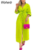 Shirt Dress Women Fashion Commuter Solid Long-sleeved Lace-up Button Shirt Maxi Dress for Women-Outfit