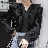 Winter Lady Blouse Lace V-neck Ruffle Velvet Shirt Women's Loose Slim Joker Long Sleeve Tops Feminine Blusa-Outfit