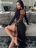 2021 Women Autumn Winter Long Sleeve Bandage Lace Up Backless Stretchy Black Fashion Hollow Out Sexy Party Club Dress-Outfit