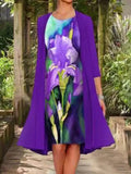 Vintage Autumn Harajuku Fake Two Piece Cardigan Mid Dress Elegant Chic Pattern Print Loose Dress Women Casual O Neck Party