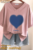 100% Cotton L-6XL T Shirt Plus Size Tshirt Short Sleeve Women Top Summer Heart Print Couple V Neck Oversized T Shirts-Outfit