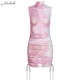 Spring Sexy Mesh See Through Slim Dress Women Fashion Printing Turtleneck Sleeveless Clothing Lady Bodycon Mini
