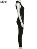 Kliou Solid Concise Jumpsuits Women Skinny O-Neck Sleeveless Zipper Body-Shaping High Waist One Piece Outfit Streetwear