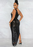 Sexy Sequins Sheer Mesh Patch Straps Slit Cocktail Party