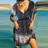 Bohemian Women Mini Dress Casual A-line Short Dress2022 Summer Floral Printed Half Sleeve Lace Up O Neck Party