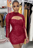 Sexy O-Neck Slit Long Sleeve Hollow Out Sequined Mini Club