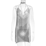 Gold Sequins Diamonds Sexy Night Party Dress Women Sleeveless Halter Backless Mini Dresses Femme Clubwear V-Neck