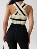 White V-neck Sleeveless Stripes Crop Top