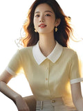 Ice Silk Polo Collar Knitted Shirt For Women 2025 Summer New Commuter Shoulder Short-Sleeved T-Shirt Euro