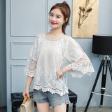 Spring Summer Embroidery Lace Blouse Flare Sleeve Hollow Out Women Shirt O-Collar Casual Female Tops Ladies Clothing 4506