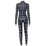 White Striped Print Black Jumpsuit Women 2023 Fashion Turtleneck Pants Skinny Club Outfits One-pieces Overalls with Glovers-Outfit