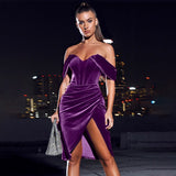 Off Shoulder Velvet Slit Sexy Sleeveless Irregular Party Club Evening Festival Dress 2021 Women Fall