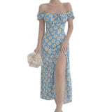 Elegant Off Shoulder Floral Print Dresses For Women 2023 Sexy Short Sleeve A-Line Split Midi Dress Party Dress Vestidos-Outfit