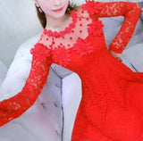 Autumn New Flower Lace Women Dress Slim Long Sleeve Female