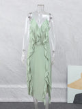Solid Women's Irregular Hem Suspender Dress Sexy V-necked Off Back Sleeveless Midi Robe 2023 Summer Lady Prom Chic Vestido-Outfit