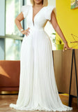 Formal V-neck Short Sleeves Solid Pleated A-line Evening