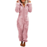 Women Overall Homewear Warm Fleece Hooded High Waist Autumn Winter Solid Color Jumpsuit Pants Jumpsuits Pajama-Outfit